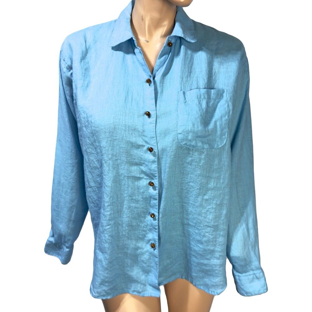 Magaschoni Womens 100% Linen Blue Button Up  Shirt Size M Medium Long Sleeve